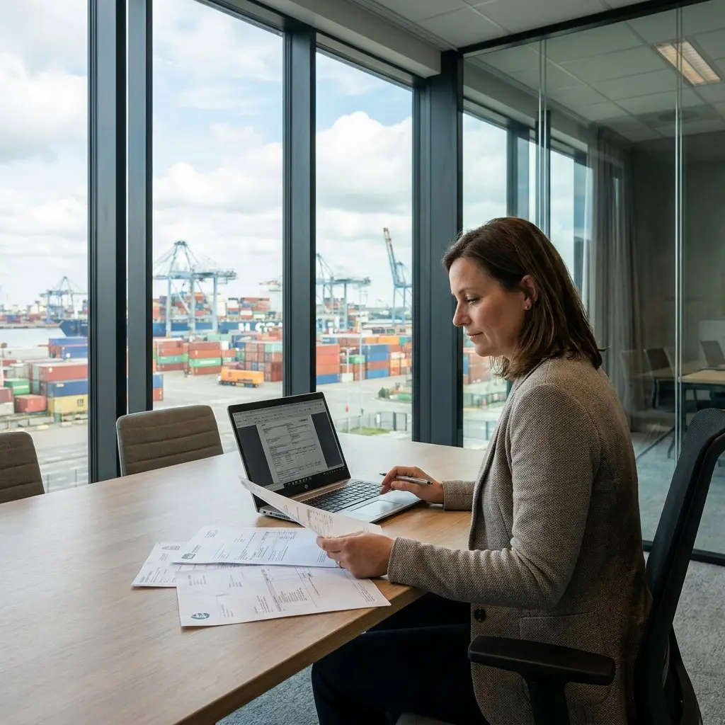 Woman in a tweed blazer reviewing documents at a conference table with a laptop, in a glass-walled office overlooking a container port with cranes and stacked containers.